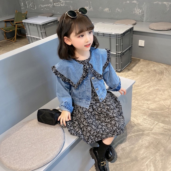 DR22-Dress Anak Perempuan Black Roses + Rompi Outer Jeans