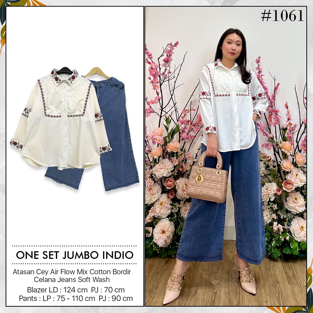 Setelan Baju Wanita Jumbo | One Set Indio Cey Air Flow + Celana Jeans Kekinian Murah