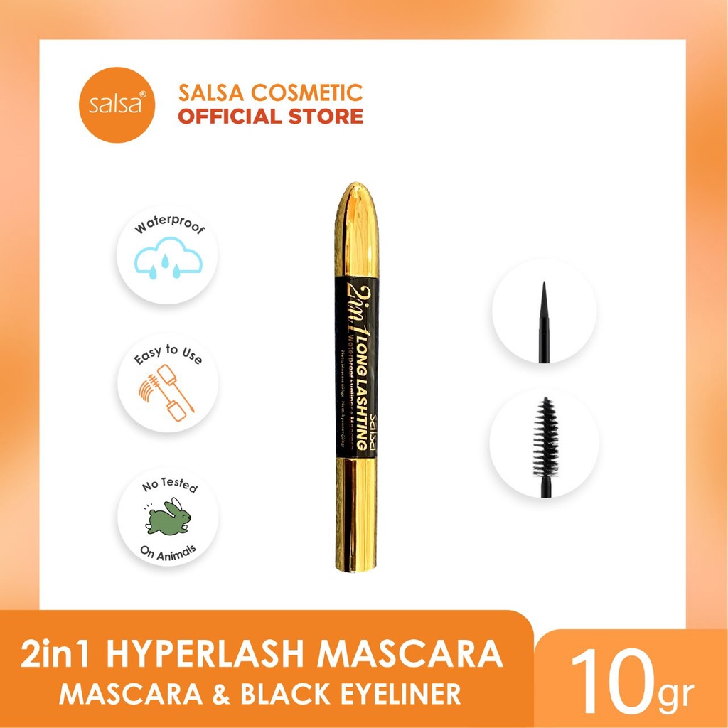 SALSA Mascara 2in1 Hyperlash Waterproof Mascara &amp; Eyeliner Indonesia / 5g / 2 in 1 Maskara Eye Liner Eyebrow Brow Bulu Mata Alis / Panjang Lentik Curly Anti Air Tahan Lama / Color Warna Black Hitam Pen Pencil Pensil / Cosmetic Makeup Eye Make Up Series