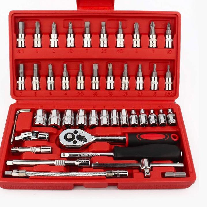➭ Bonkyo Kunci SOK 46 PC Set Socket (1/4 ") Full Lengkap Socket Tool Kit Pas Ring L Motor Mobil ❀