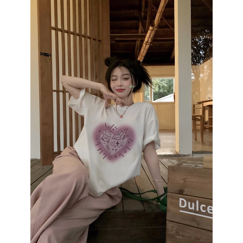 EUNII T-shirt Lengan Pendek Cartoon Pink Doll  Korean Style/Kaos Atasan Wanita/Baju Kaus Oversize Wanita/Kaos Wanita