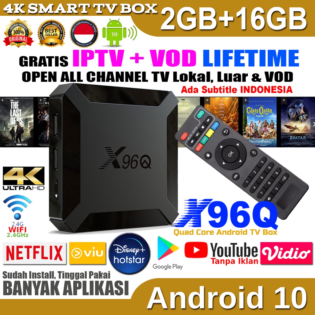 Paket TV Box Android STB X96Q GRATIS OPEN ALL CHANNEL IPTV HBO AXN NAT GEO dll Text Indonesia 4K 2GB+16GB WIFI