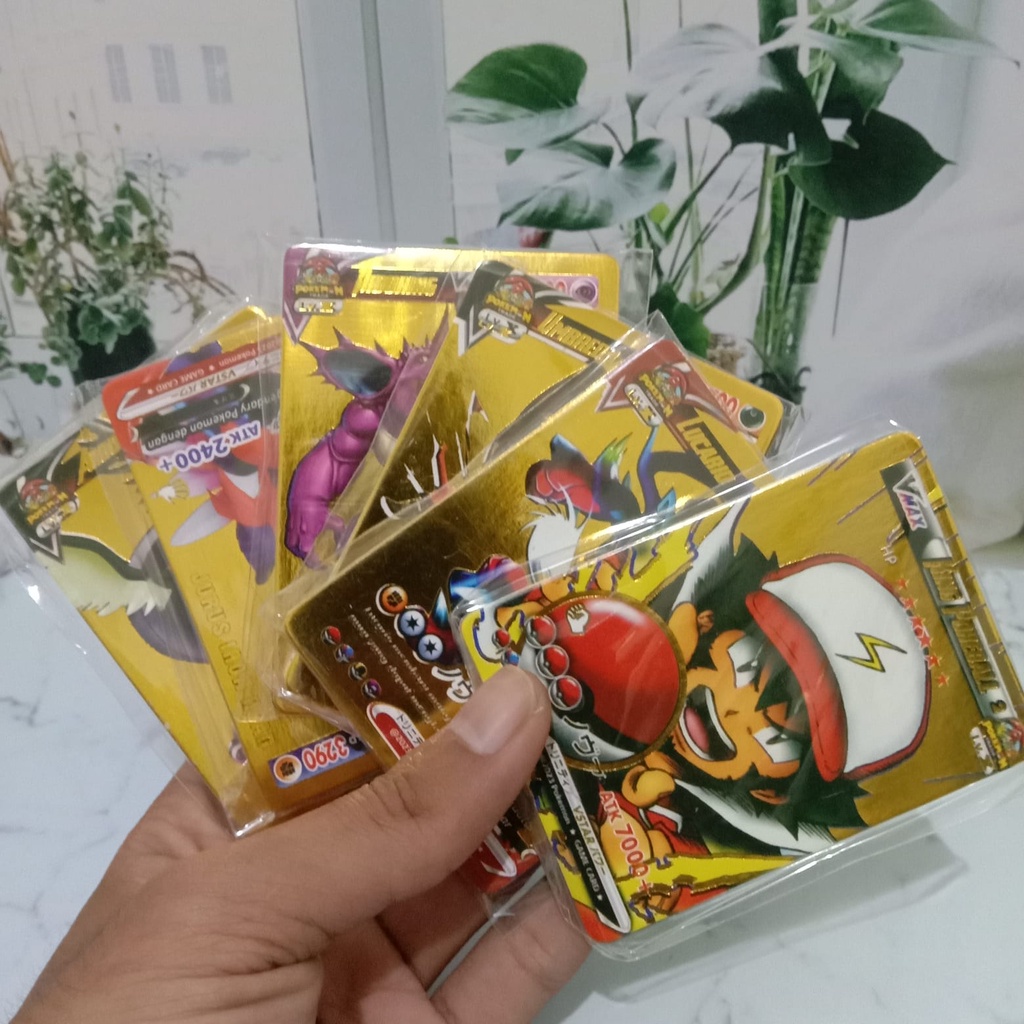 10 PCS MAINAN KARTU KOLEKSI POKEMON GOLD KARTU POKEMON EMAS LANGKA KEMASAN PLASTIK