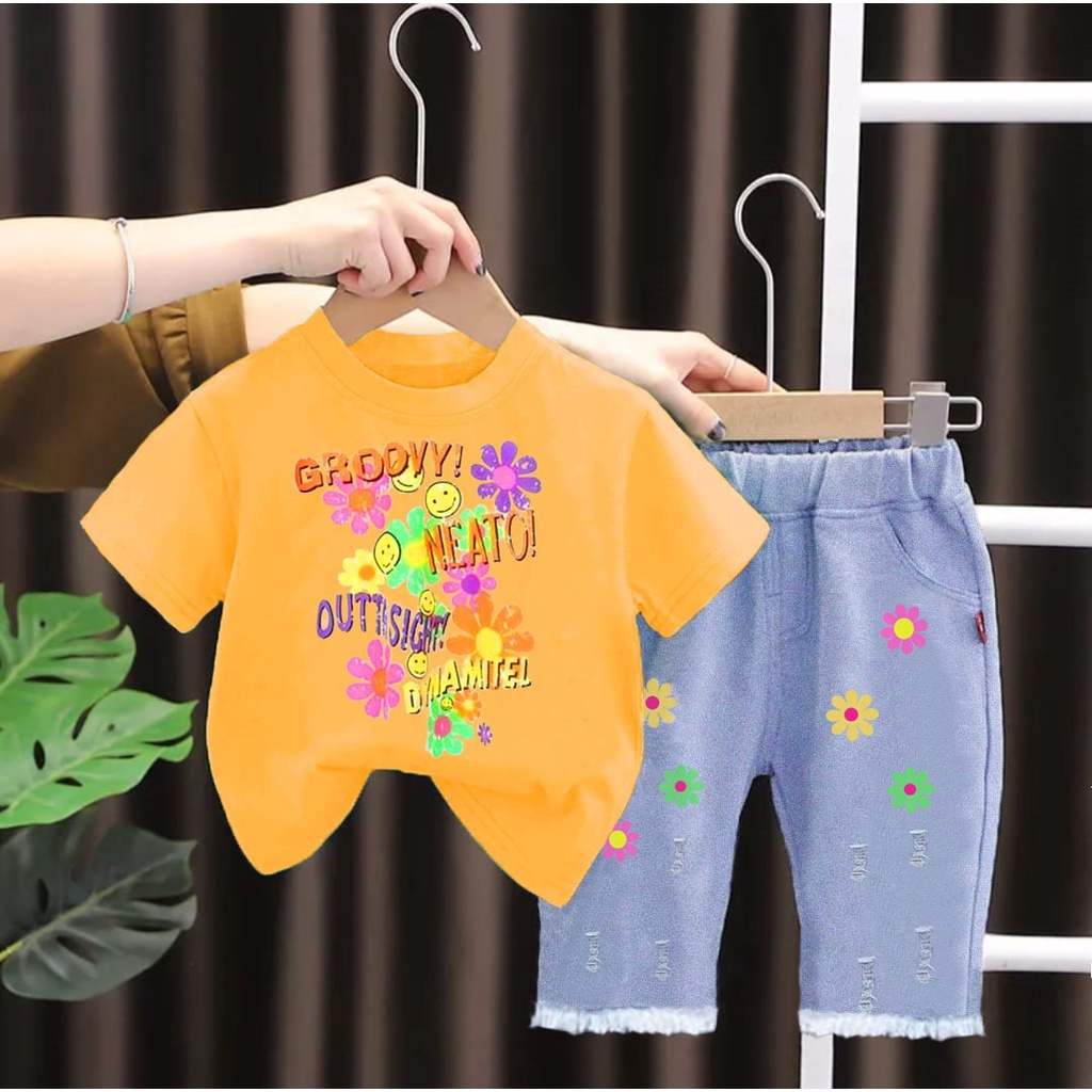 PROMO-SETELAN ANAK BAJU KAOS CELANA PANJANG BAHAN JEANS SETELAN ANAK PEREMPUAN UMUR 1-5 TAHUN PAKAIAN ANAK TERBARU