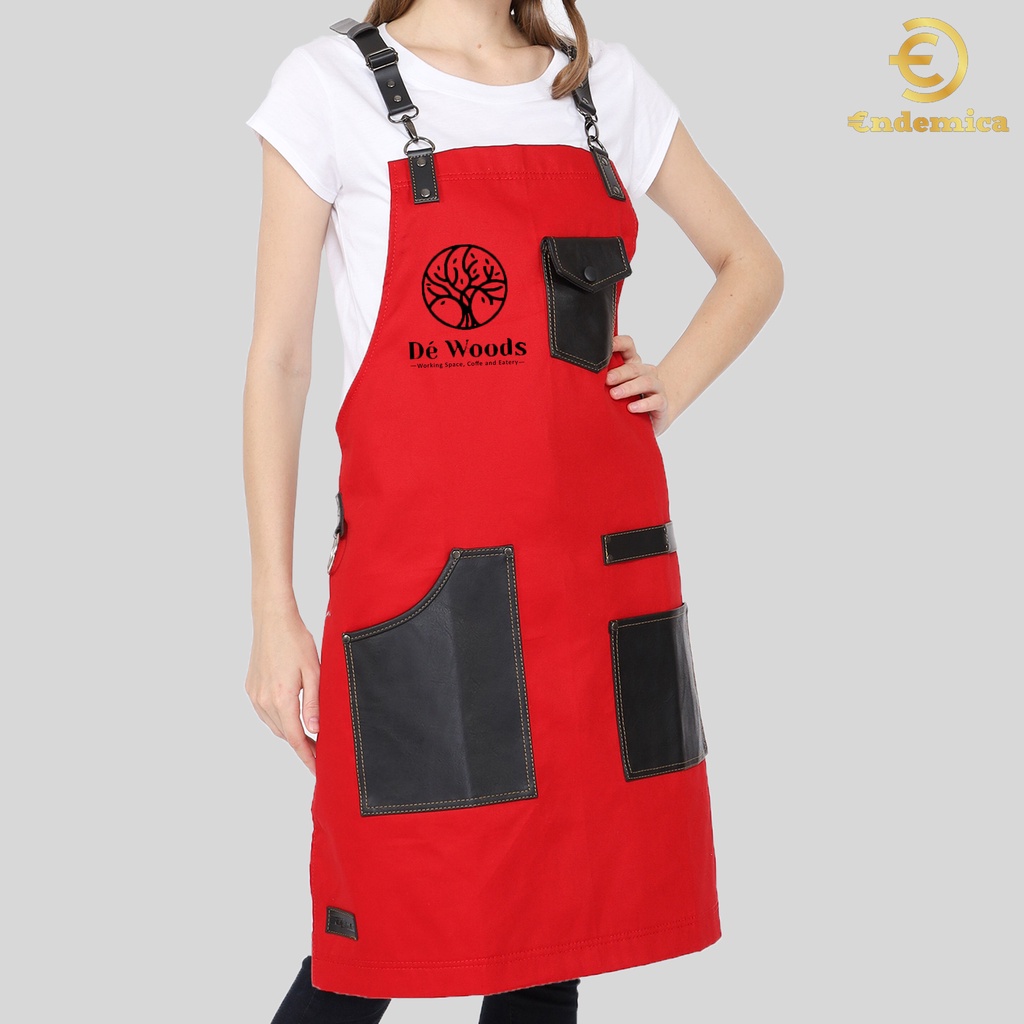 Full Apron Barista Celemek Cafe Apron Barbershop Celemek cukur rambut full cotton &amp; synthetic leather for barista/waiter etc Y strep