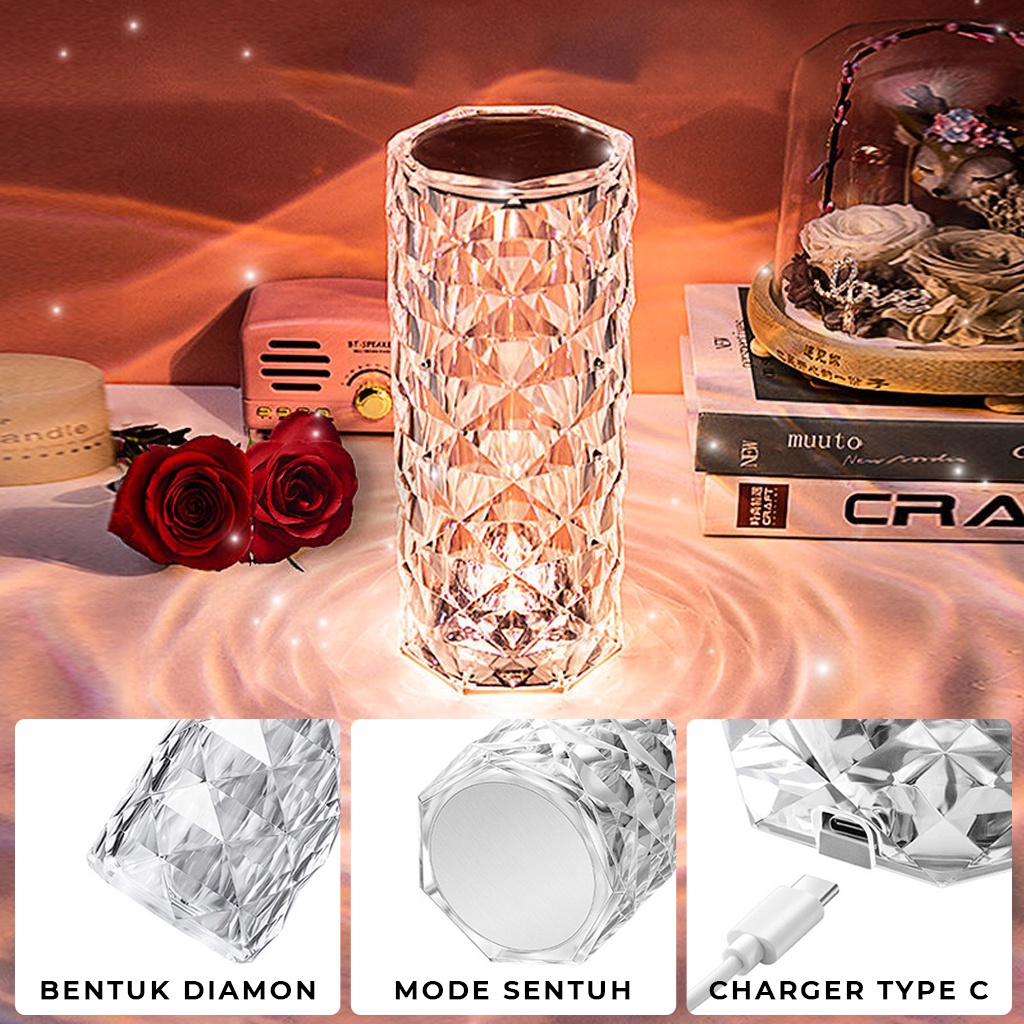 Lampu Meja Crystal Tombol Sentuh Led Aesthetic USB Charger Lampu Tidur Hias Romantic Tumblr Lamp Portable Mewah Lampu Tumbler Kristal |GROSIRXPRESS