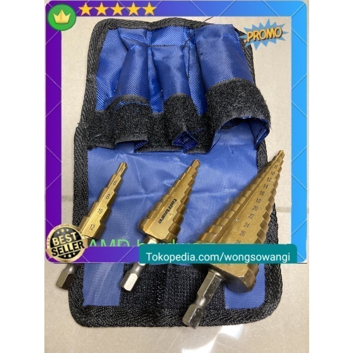 Terlaris Bor Mata Bor Pagoda Spiral Hss Titanium Step Drill Bit Set 3Pc (Benz,Nachi