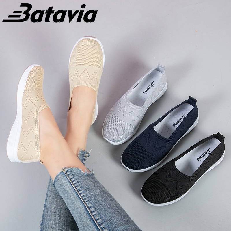 (COD)Batavia Sepatu wanita datar baru yang nyaman bernapas slip-on sepatu sekolah sepatu wanita kasual hitam A164