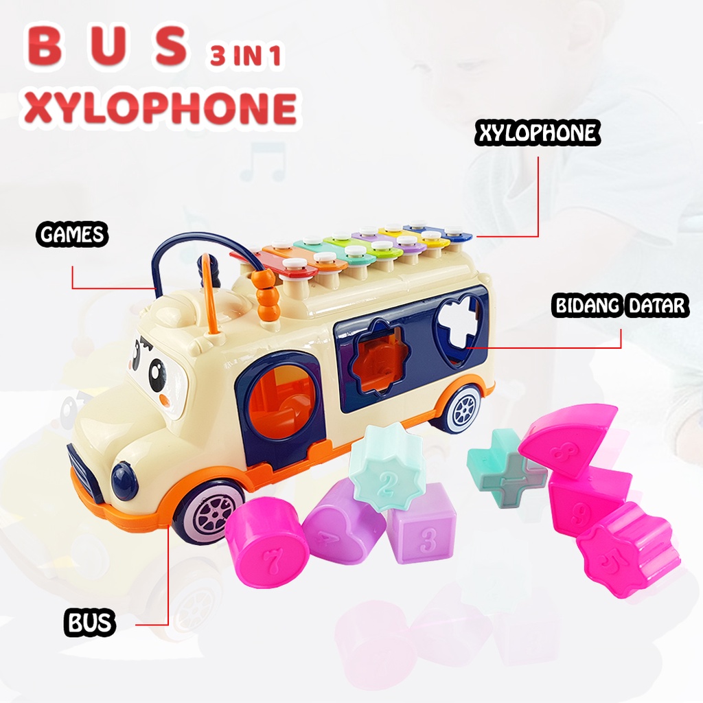 Mainan Bus Xylophone Mobil / Mainan 3in1 Musik/ Sorting Bentuk dan Alur kawat/ Mainan Anak Edukasi YE20