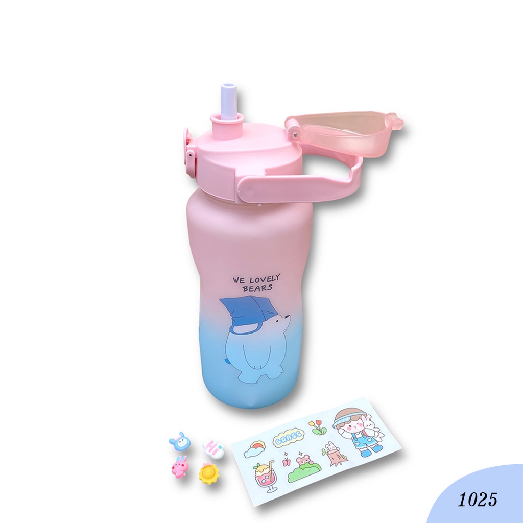 Botol Minuman We Babe Bears Free Sticker 2D &amp; 3D Kode 1025 Food Grade Bebas BPA Ukuran 2 Liter Botol Minum Viral Motivasi Dengan Penanda Waktu-Botol Couple Pasangan Gradasi Anti Bocor Awet Tahan Lama