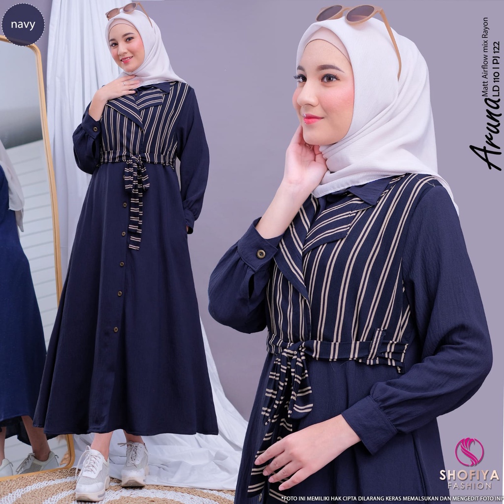 aruna midi pakaian baju gamis dress dres syari selutut linen polos jumbo ld 110 xxxl big over size k