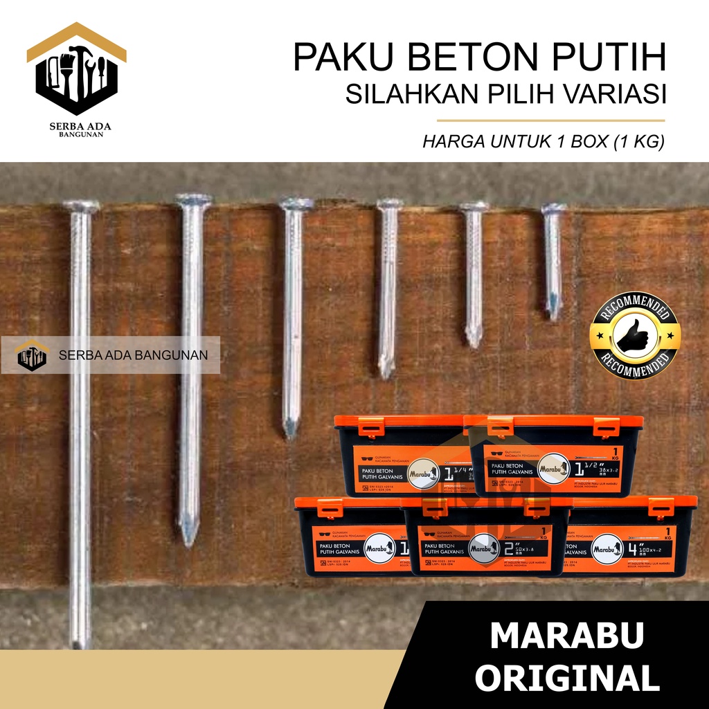 Paku BETON PUTIH GALVANIS MARABU ORI 1&quot; 2&quot; 3&quot; 4&quot; / 3 4 5 7 10 cm Dinding Tembok Kayu Alumunium Pvc