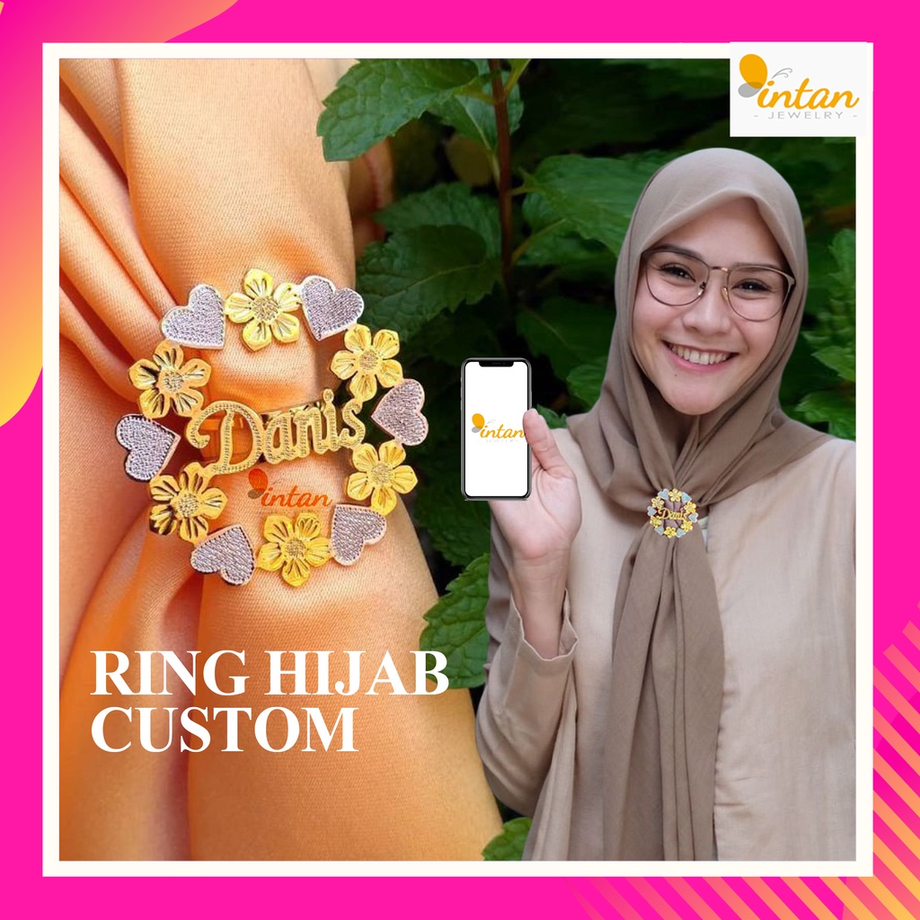 Bros Cincin Nama Ring Hijab Kombinasi Warna Custom Ukir Nama Sendiri Varian Bunga Inisial Huruf Bros