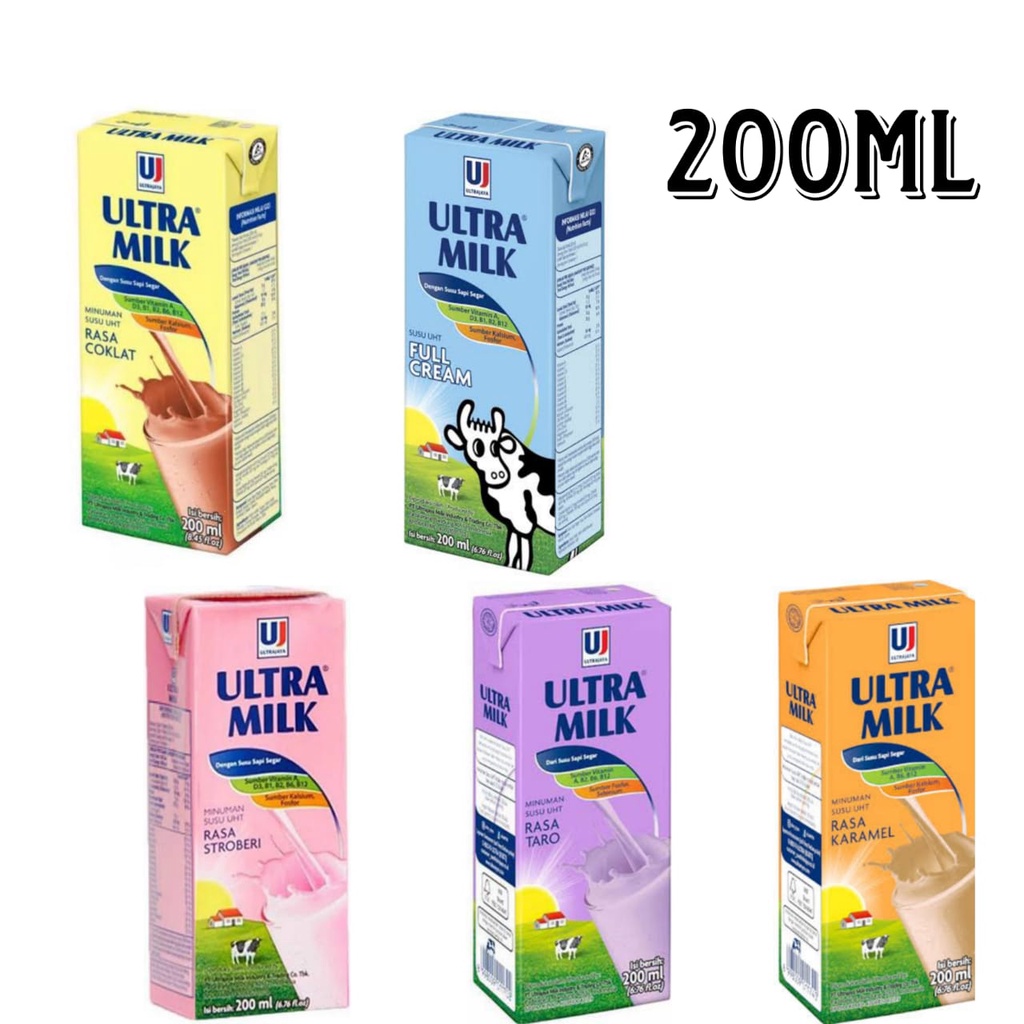 

Susu Ultra 200 ml Susu UHT Ultra 200ml Ultramilk per karton dus 24 pcs @ 200 ml Full cream Coklat Stroberi Strowberry