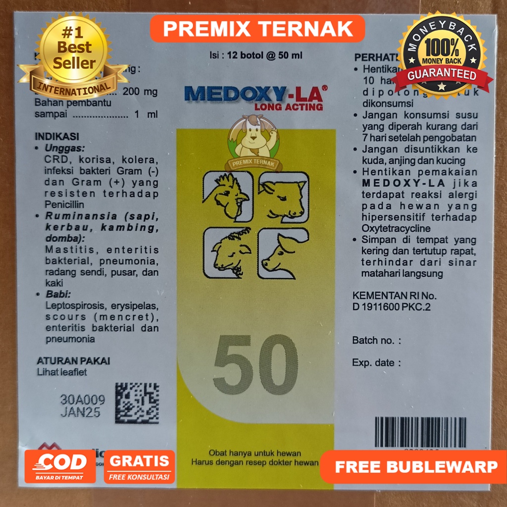 MEDOXY LA 50 ml - Antibiotik Long Acting Anjing Kucing Sapi Kambing Domba Ayam Spektrum Luas