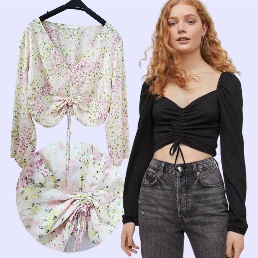 lovemecorner H&M DRAWSTRING FLORAL LONG SLEEVE CROPPED TEE BAJU WANITA WOMAN TOP CASUAL SERUT PRINT 