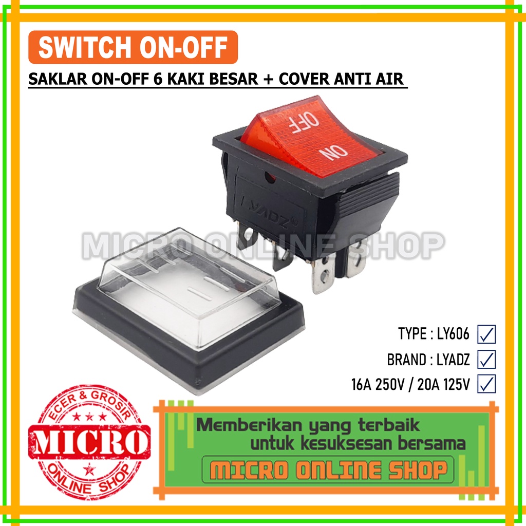 Saklar On-Off 6 Kaki Besar Lampu Merah + Cover Waterproof Saklar Anti Air