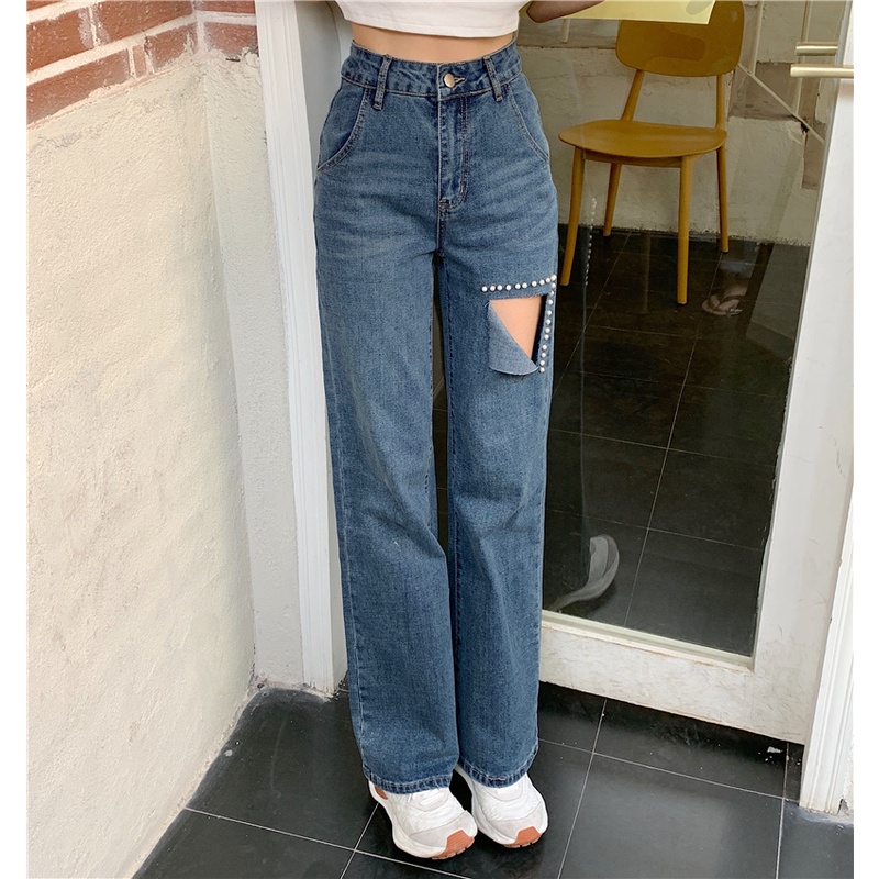 New high-waist loose retro straight-leg pants celana jeans sobek kekinian straight pants