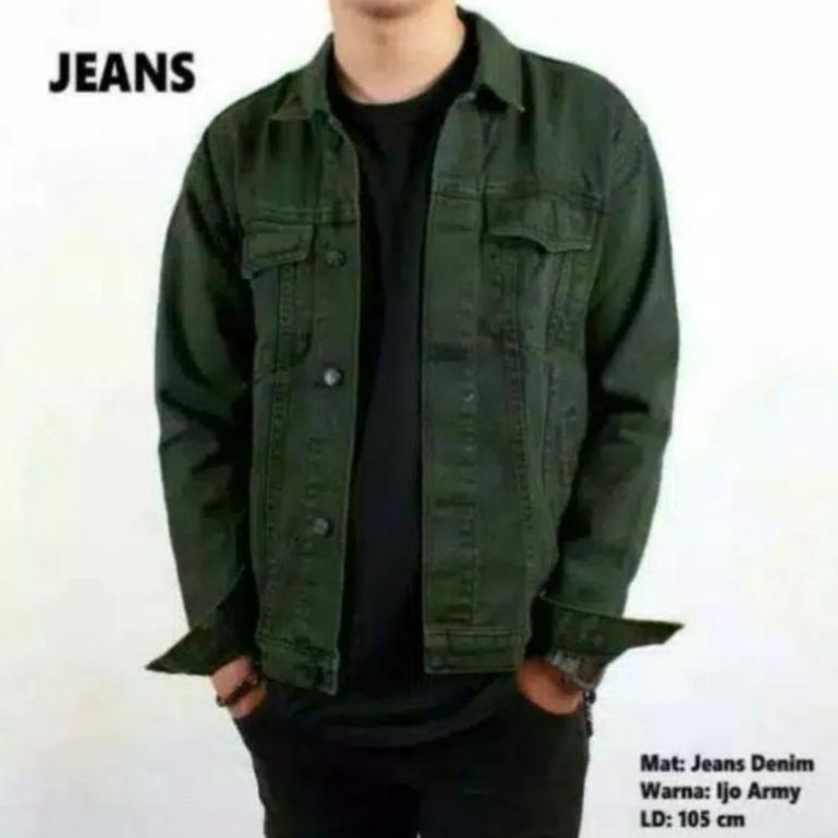 [ART. 341563] Jaket Jeans Pria Hijau ARMY|Jacket Levis cowok|Jaket Jeans Tebal Keren|Jaket Denim Lak