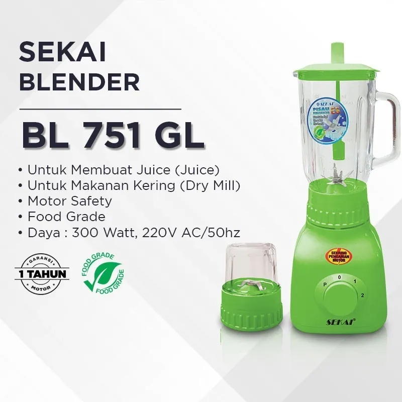 SEKAI Blender Gelas Plastik 2 In 1 BL 751 GL Juicer + Pelumat Kering