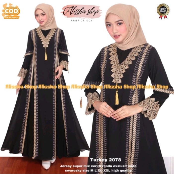 Gamis Gamis Abaya Arab Turkey #2078 Jersy Import Premium Terbaru - Hitam, M(E8J0) Gamis Abaya Turki 