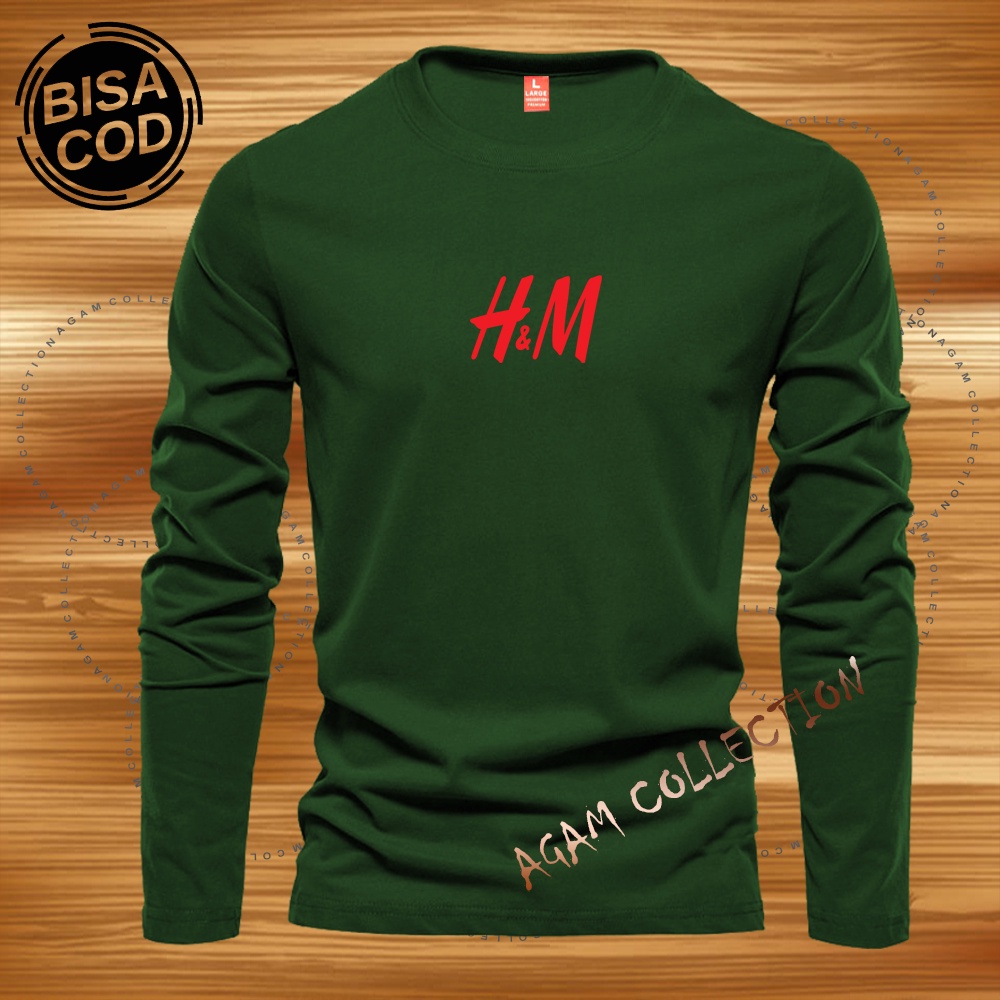 Agam Collection Baju Kaos Distro H&amp;M Text Merah Lengan Panjang Premium Quality Kaos Pria Keren Kaos Cewek/Cowok