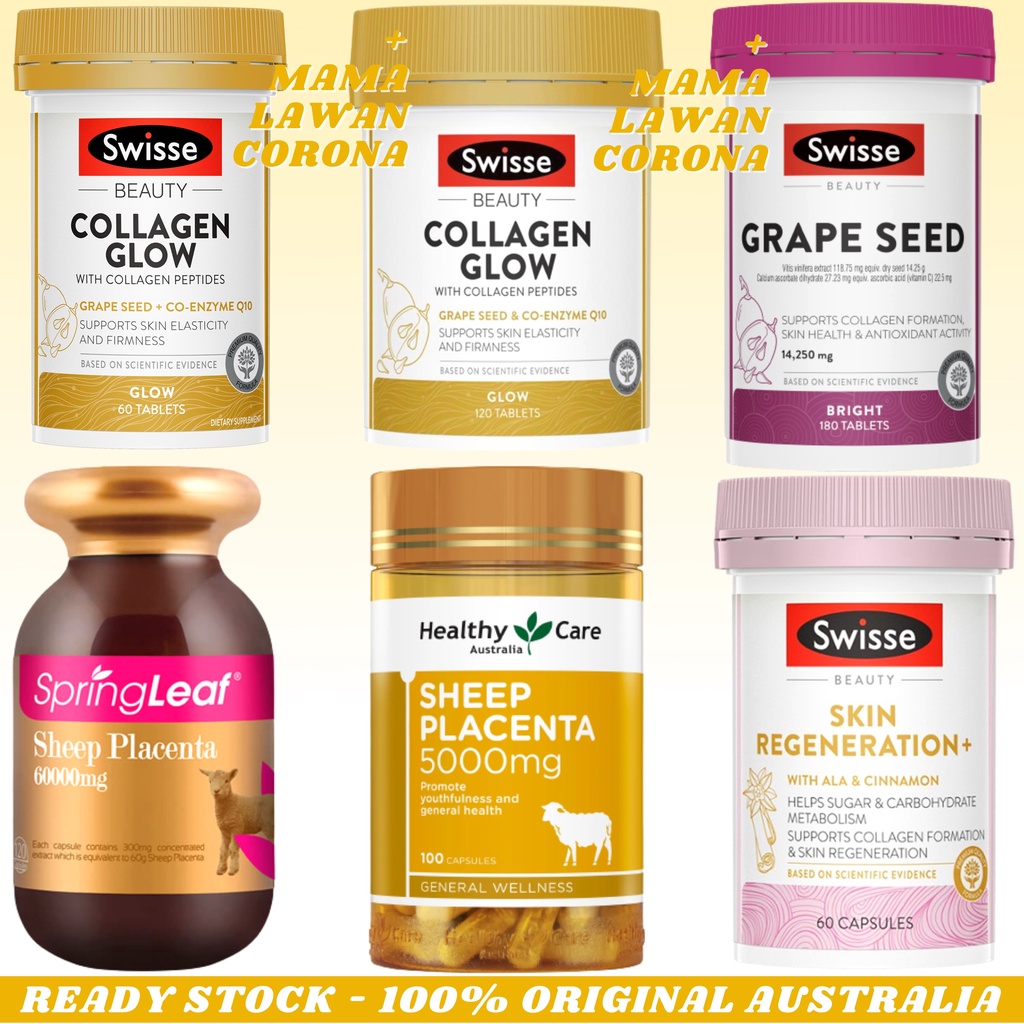 SWISSE Beauty Collagen Glow With Collagen Peptides 60 120 Tablets / Nature's Way Beauty Tablet Booster Natures Liquid Shot 50mL 50 mL / Skin Regeneration 60 Kapsul / Grape Seed Extract 180 / Spring Leaf Sheep Placenta Springleaf Capsules / Healthy Care