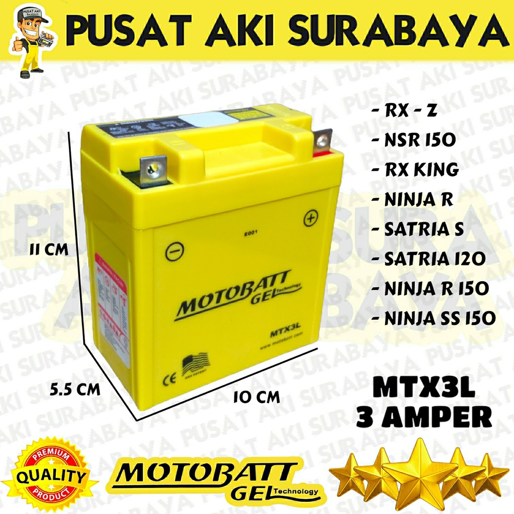 ORIGINAL BERGARANSI MOTOBATT MTX3L 3AH 12V ASLI ACCU GEL MOTOR YAMAHA RX KING SUZUKI SATRIA HIU YB3L