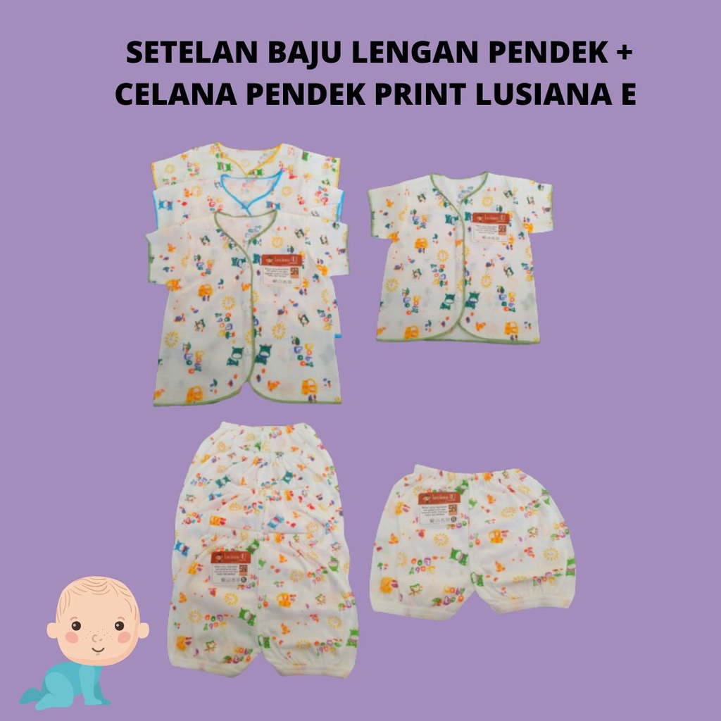 Setelan Baju Newborn Lengan Pendek + Celana Pendek Print Lusiana E 652101 + 651101