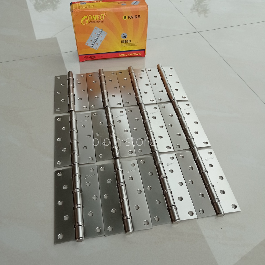 Paket 6 Biji Engsel Pintu Rumah 5 Inch Tebal Engsel Pintu Kayu Besar Jati Ulin 5&quot; Inc Gomeo Murah Satin Putih Crom Stainless Steel 1 Set