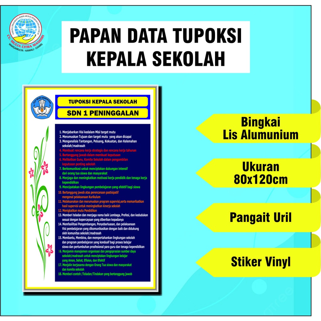 

Papan Data Tupoksi Kepala Sekolah Bingkai Lis Alumunium Ukuran 80x120cm