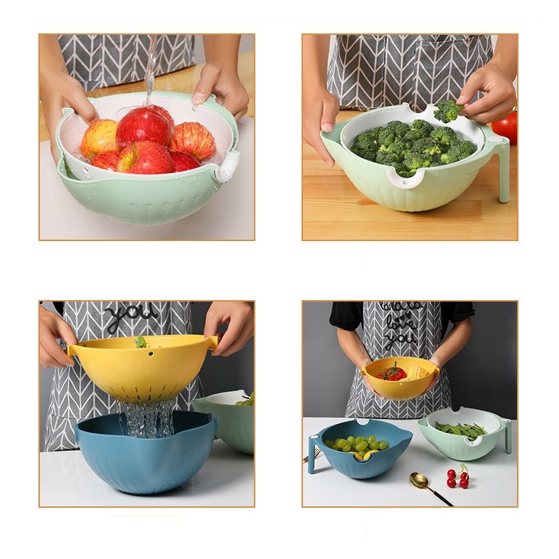 FYGALERY HL0266 Baskom Pencuci Buah 2 in 1 Keranjang Saringan Buah Double Layer Wadah Penyaring Sayuran Mangkok Pengering Buah 2 Lapisan Tempat Peniris Beras Mangkuk Multifungsi Murah