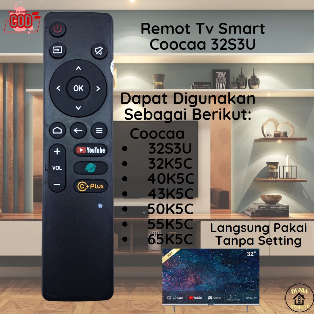 Remot Remote TV Smart ANDROID Coocaa 32S3U 40S3U LED tanpa setting