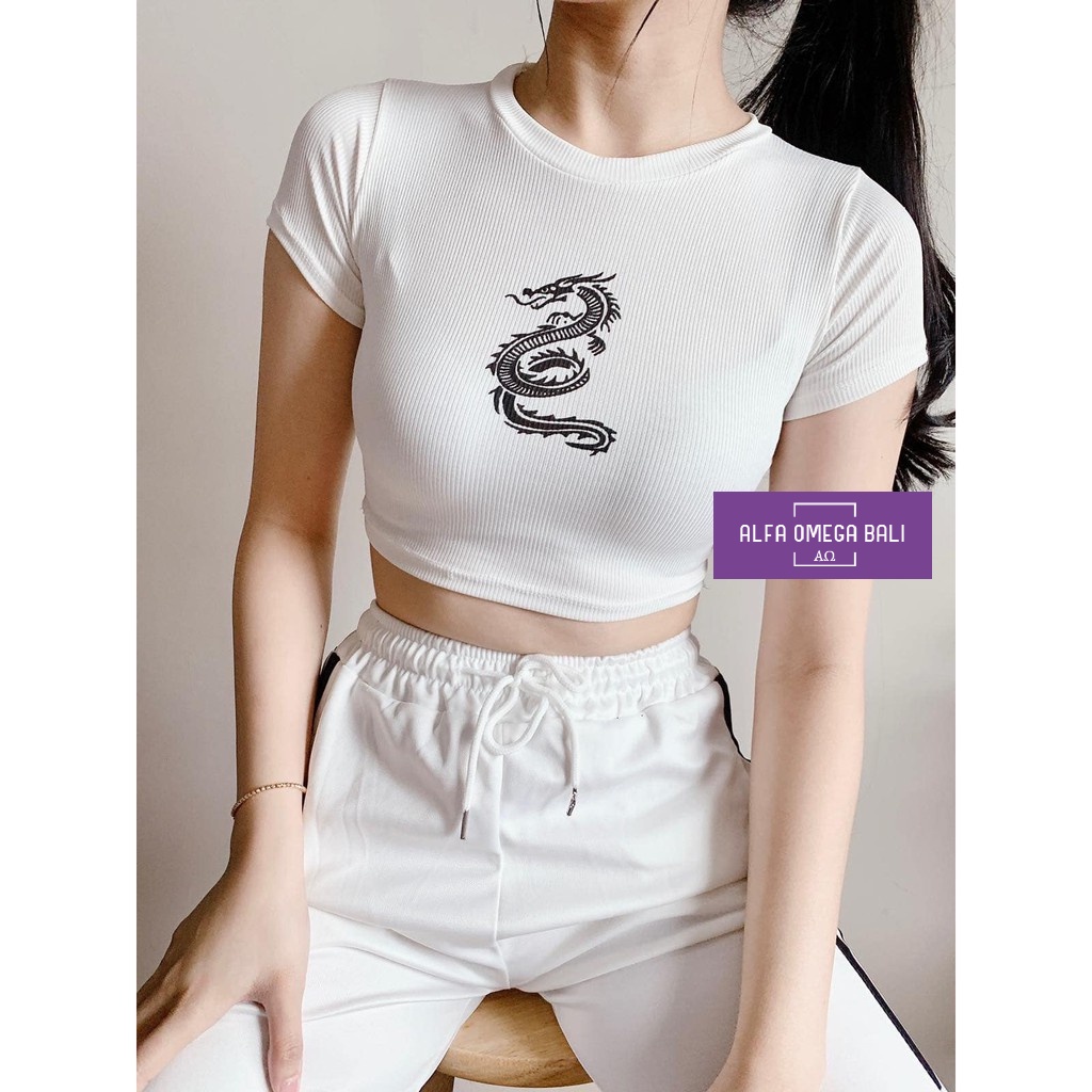 DRAGON CROP TOP - KAOS WANITA Bahan Knit No 1 Tebal Tidak Panas Fit XL 57kg