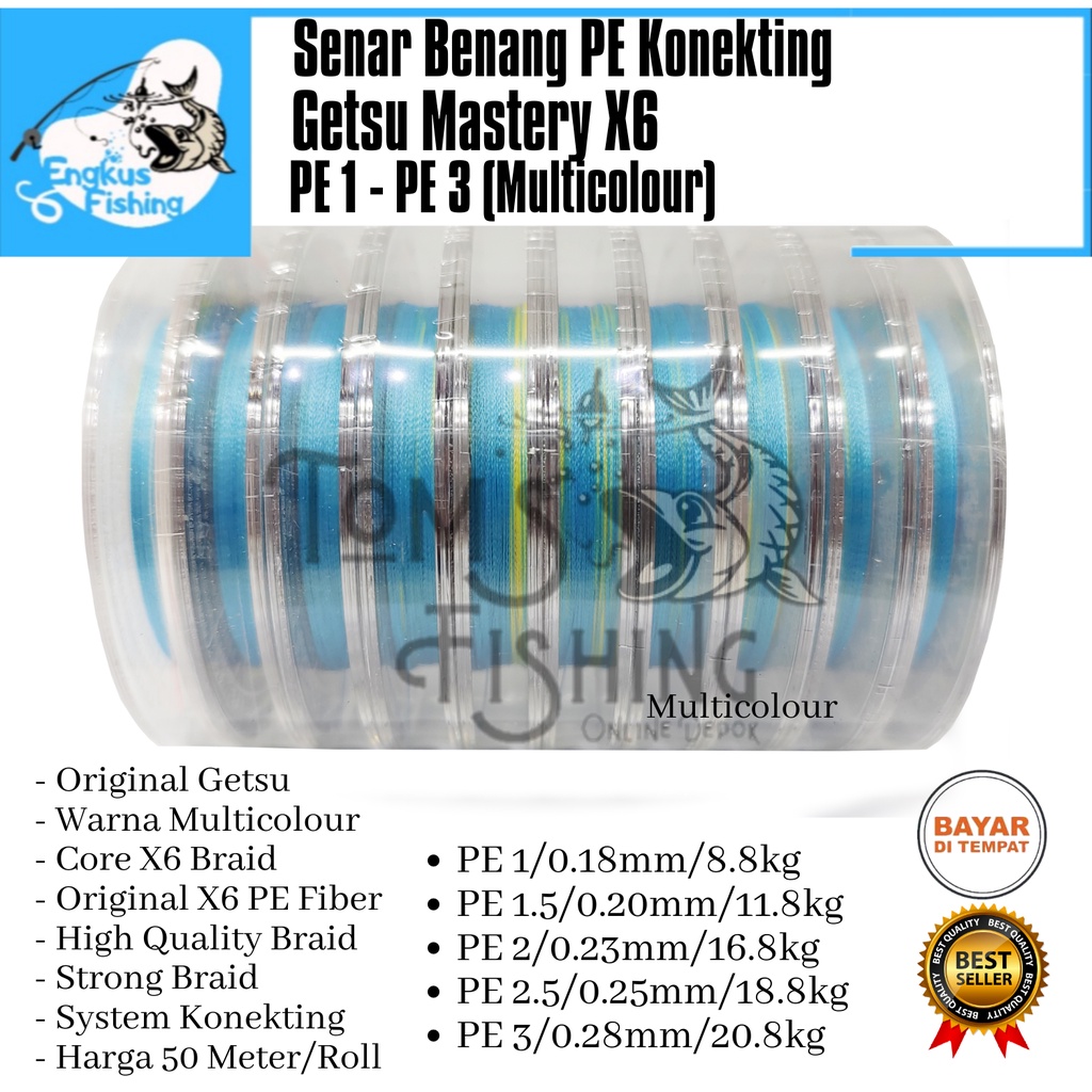 Senar Benang Pancing PE Getsu Mastery X6 Braid 50M/Roll (PE 1-PE3) Multicolor Murah - Engkus Fishing