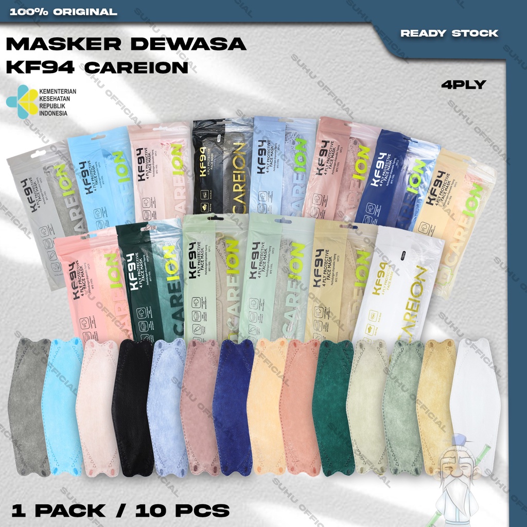 ❤️ SUHU ❤️ Masker KF94 CAREION 4Ply isi 10Pcs Putih Hitam Abu Warna 4 Ply Earloop Surgical Mask Kemenkes