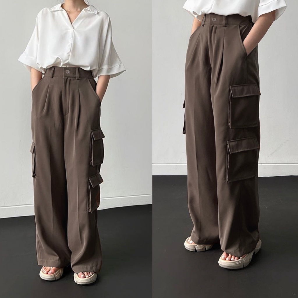 Celana Cargo Pants / Celana High Waist Loose Cargo Pants Delcy / Celana Kargo Wanita Highwaist HOPYLOVY