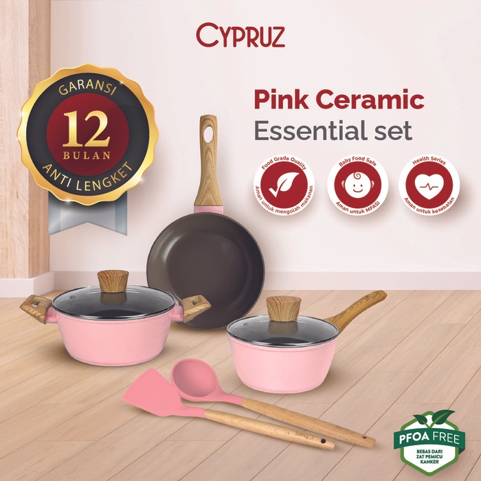 CYPRUZ PERALATAN MASAK DAPUR ANTI LENGKET PINK CERAMIC ESSENTIAL SET