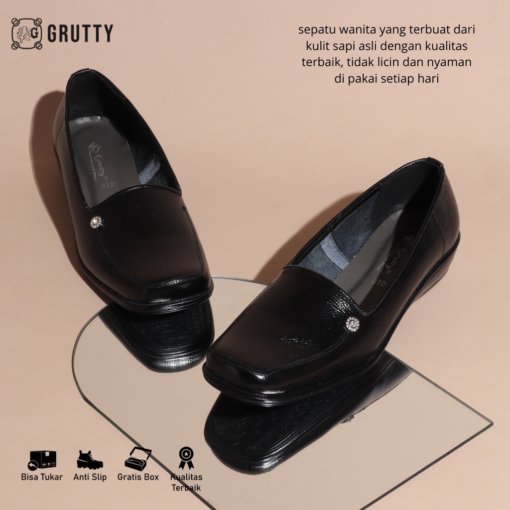 Sepatu Pantofel Wanita Kulit Pantopel kantor Formal Original Grutty Hitam