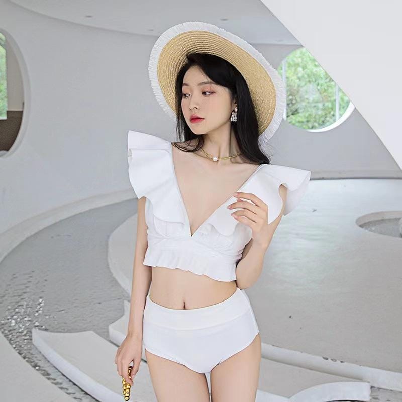 𝐑𝐄𝐀𝐃𝐘 𝐒𝐓𝐎𝐂𝐊 𝐒𝐀𝐅 - YUKA white ruffle bikini set 2 pcs woman premium / baju renang wanita + celana / k