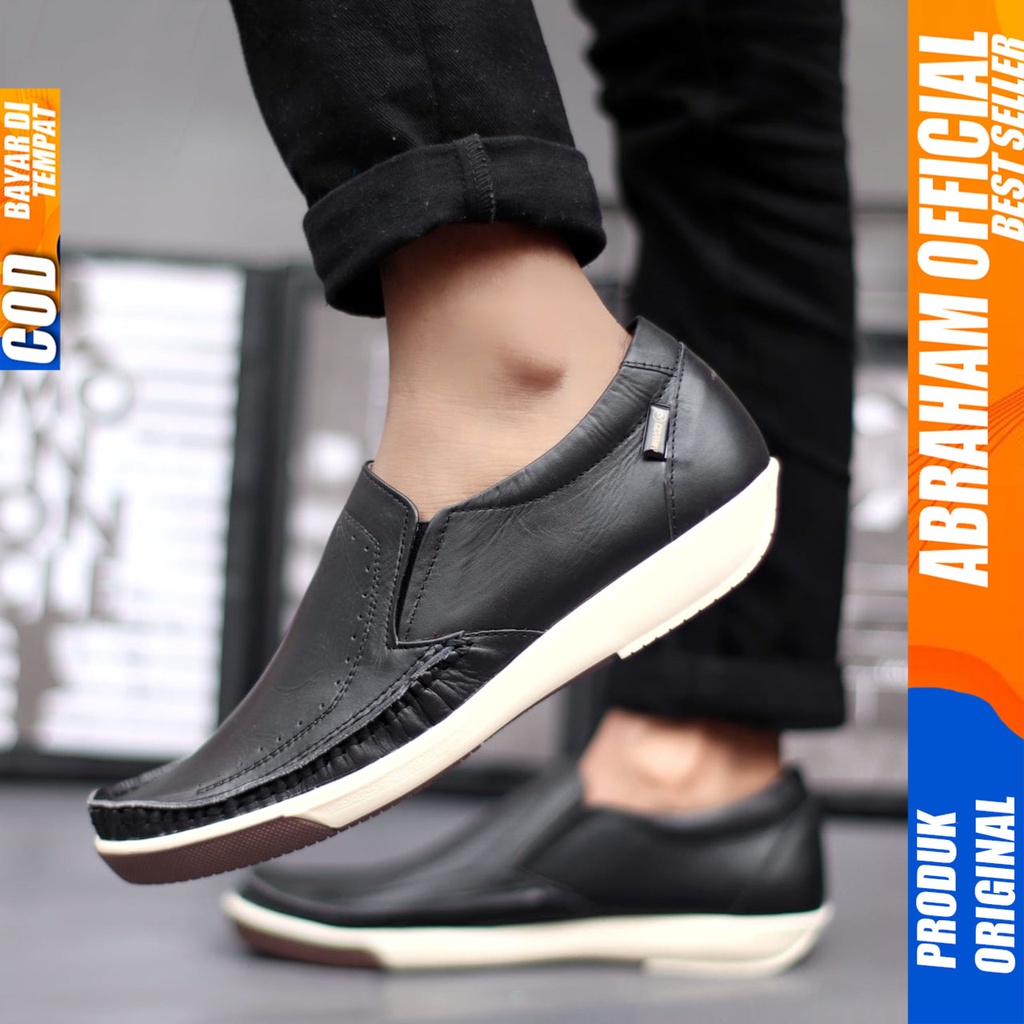 ABRHM X SANDRO Sepatu Slip On Pria Sepatu Pria Casual Cowok/Cowo Kulit Asli Sepatu Kasual Slop Anti Slip Semi Formal Kerja Kuliah Gaya Santai Keren Kekinian Original Murah Terlaris