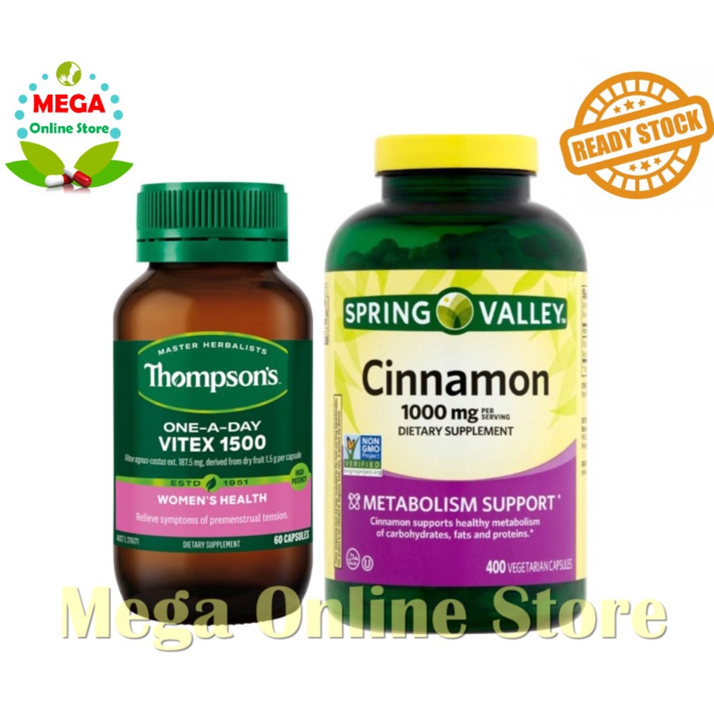 Paket Thompson Vitex 1500 mg + Spring Valley Cinnamon 400 (utk PCOS)