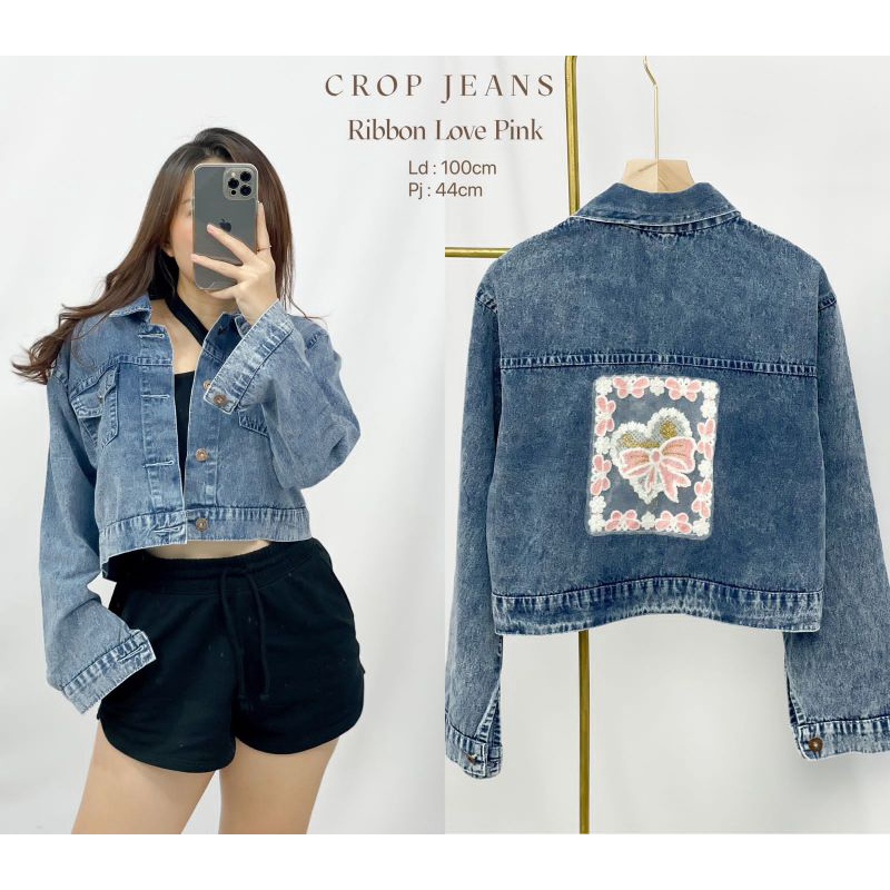 MDLV ~ Crop Jeans Wanita Pita Rumbai Bear Ribbon Love Pink