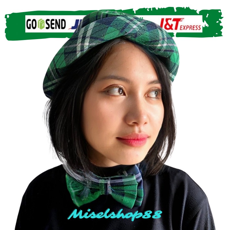 1 set topi dan dasi kupu kupu motif hijau