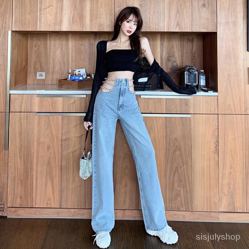 [✅BISA COD] #Sisjuly# rantai desain high-waist meninju celana panjang lurus celana jeans wanita musi
