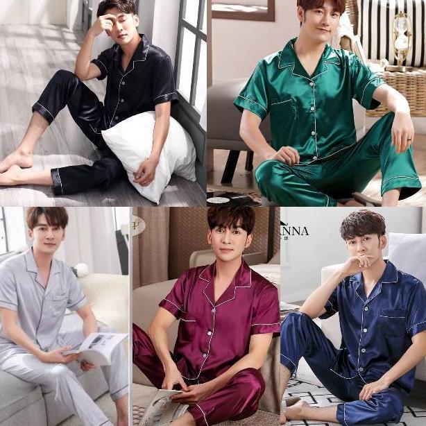 LANGSUNG ORDER Stelan Cp piyama baju tidur cowok satin polos