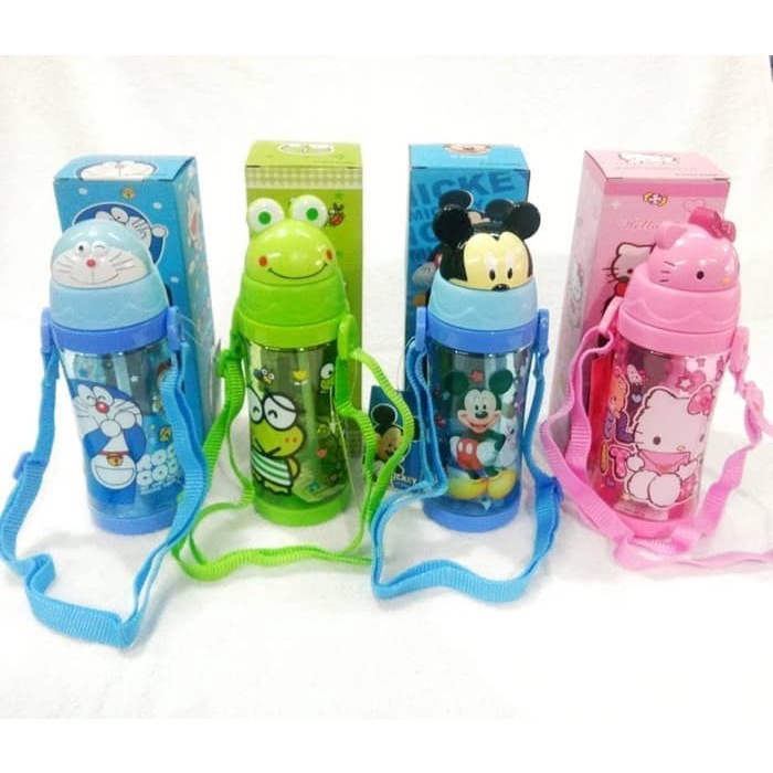 BOTOL MINUM ANAK 450ML KEPALA KARAKTER KEROPI MICKEY DORAEMON, HELLO KITTY ADA STRAP