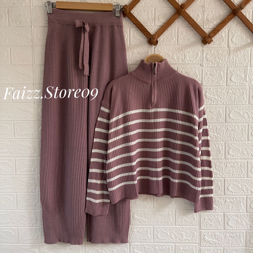 ONESET MIKIM SWEATER RAJUT ZIPPER STRIPE MOTIF BLASTER  SETELAN CELANA KULOT RAJUT PREMIUM WANITA