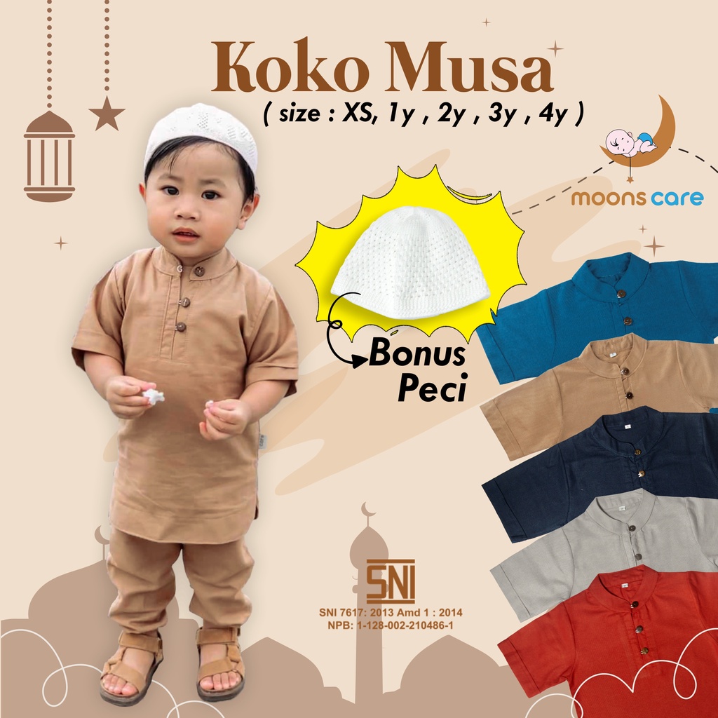 (BONUS PECI) KOKO MUSA BAHAN LINEN PREMIUM - KOKO BAHAN AMAN UNTUK KULIT SENSITIF BAYI - KOKO MUSA SUDAH FREE PECI -MOONS CARE baju koko bayi anak laki laki pakaian muslim linen anak laki laki 1 - 4 tahun premium model kekinian simple elegan stelan baju