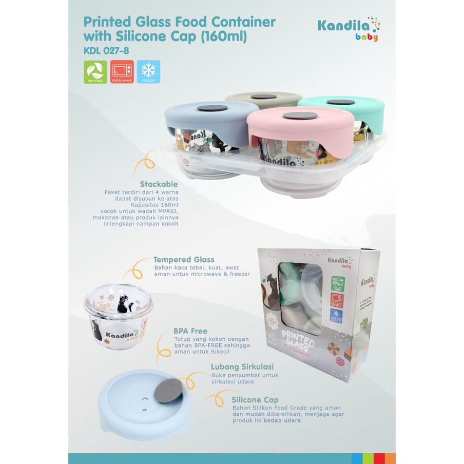 Kandila Baby Printed Glass Food Container (KDL027-8) / WADAH PENYIMPANAN / WADAH SUSU/ KONTAINER BAYI/ CONTAINER BABY